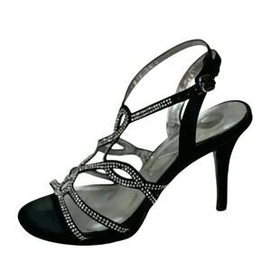 Nina Black Ankle Strap High-Heel Sandal w/ Rhinestone Straps Size 7.5